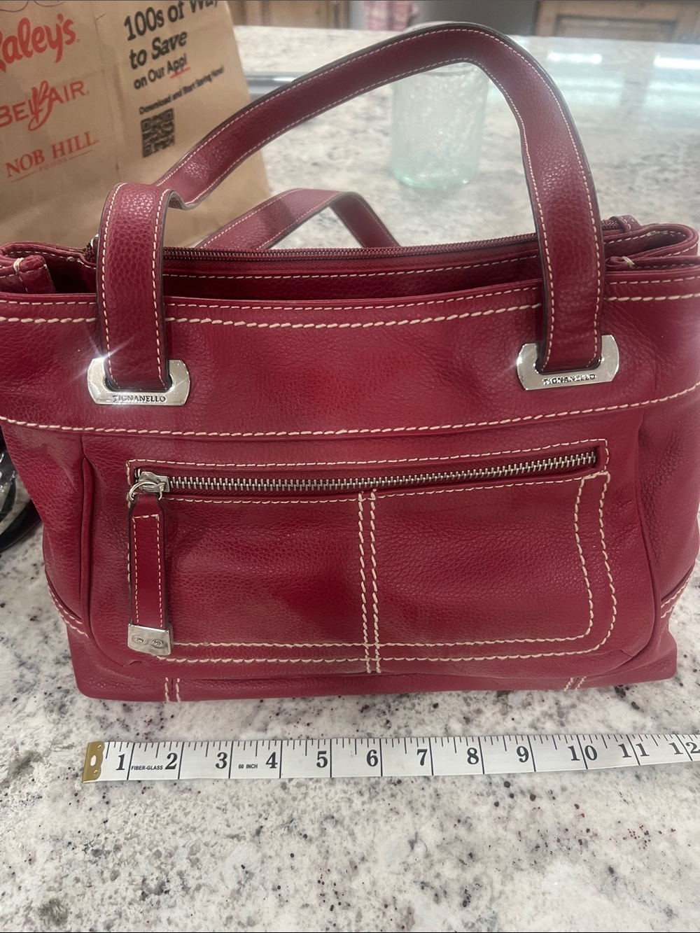 Tignanello Cherry Red Leather Satchel with White Stitching